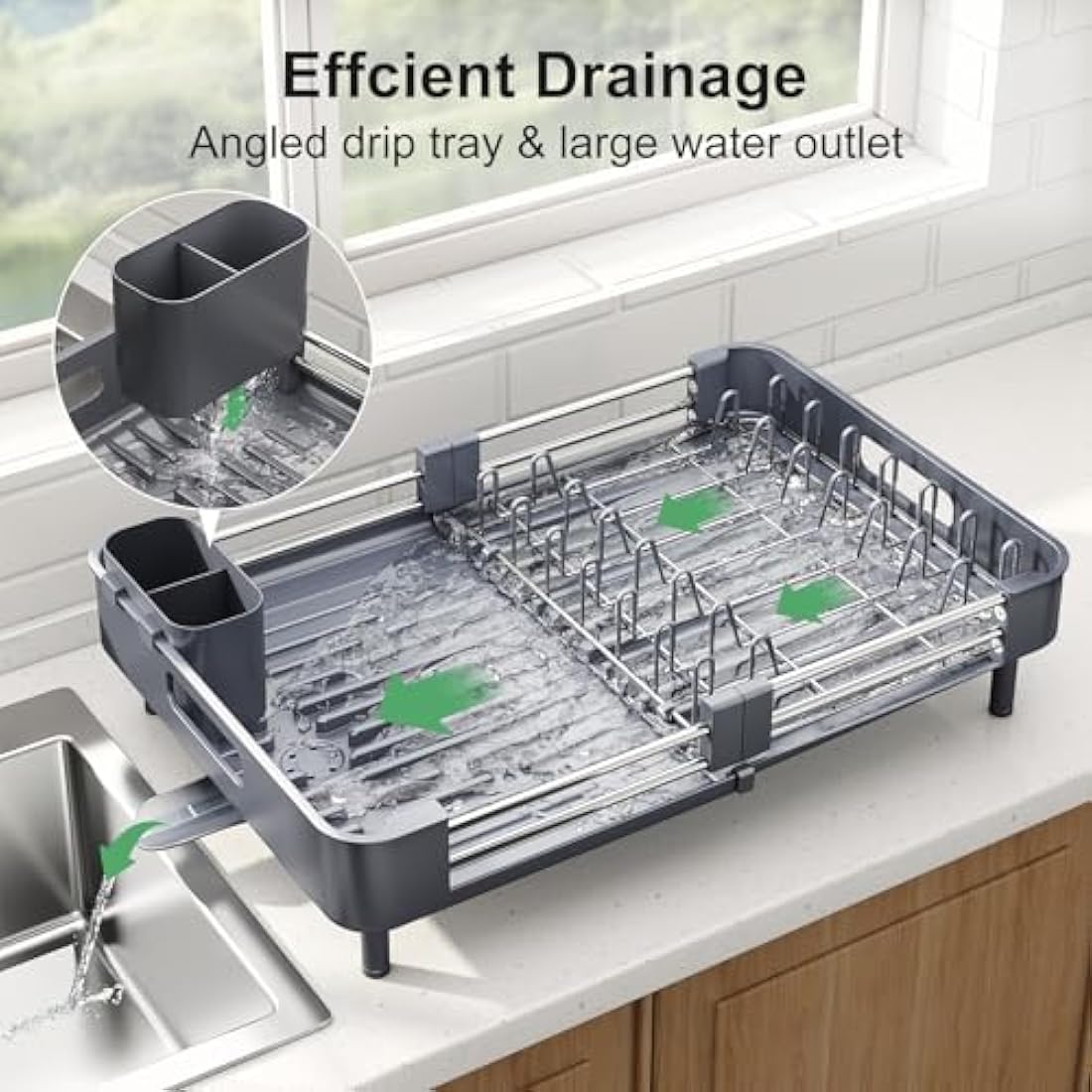 SAYZH Dish Drainer Rack, Kitchen Dish Drying Rack, Expandable(33.5 CM-50 CM) Stainless Steel Sink Organizer Dish Rack and Drainboard Set with Utensil Holder Cups Holder for Kitchen Counter(Grey)