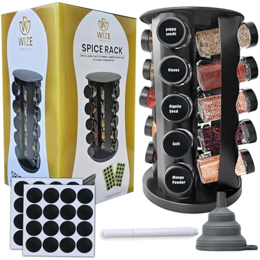 Wize Products - Black Countertop Rotating Spice Rack, 20 Empty-Jars Revolving Organiser 360°, Free Standing Round Carousel Tower, Spice Labels with Funnel for Kitchen Countertop