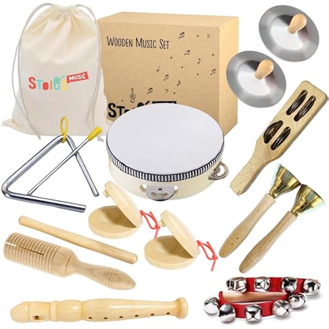 Stoie's Wooden Kids Musical Instruments for 1-9 years old, with Drum, Flute, Hand Bells, Cymbals, Castanets, Triangle, for Babies and Toddlers, Durable, Safe, Montessori Educational Toy, Storage Bag