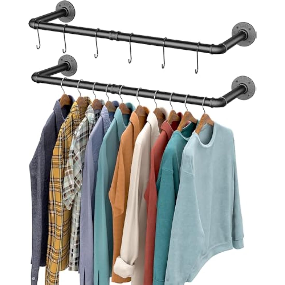 OROPY Industrial Pipe Clothes Bar Rack, Set of 2, 92cm Wall Mounted Detachable Retro Metal Garment Hanging Storage Rail (Double Base)