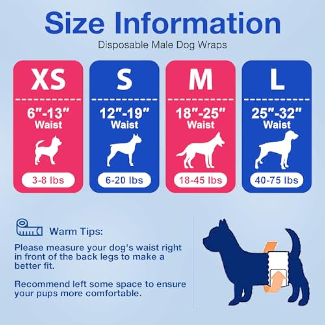 MICOOYO Disposable Dog Nappies Male, Super Absorbent Male Dog Wraps, Doggy Diapers with Wetness Indicator (L, 50pack)