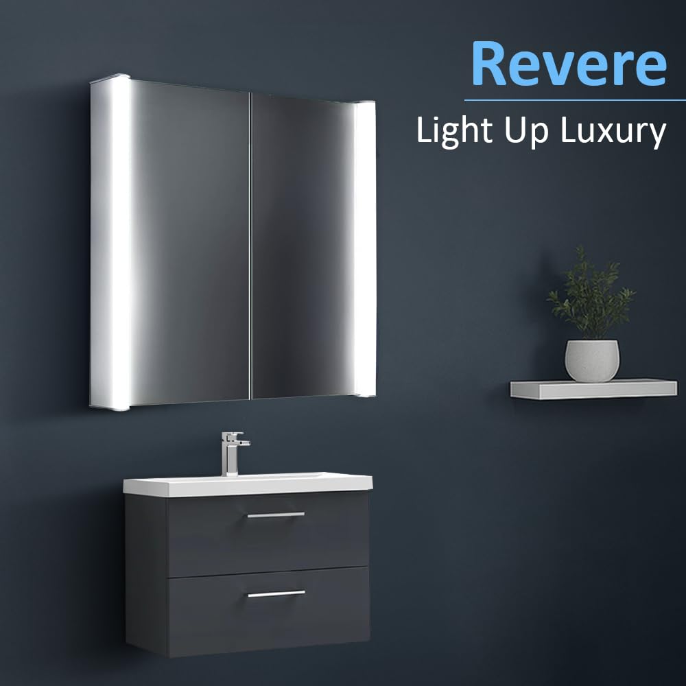 iBathUK Revere LED Illuminated Bluetooth Mirror Cabinet, Double Door Mirrors with Shaver Socket, 3 Adjustable Shelves Soft Close Door