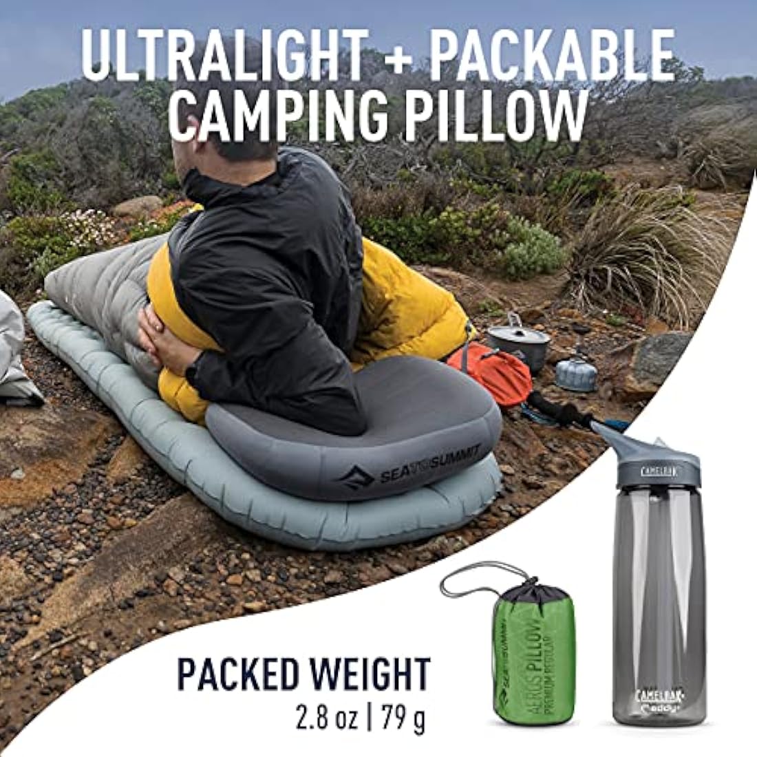Sea to Summit - Aeros Premium Pillow R - Inflatable Travel Pillow - Soft & Comfy Brushed 50D Polyester - Lock System - Ultra-Sil Stuff Sack - For Backpacking - 34 x 24 x 11cm - Lime Green - 79g