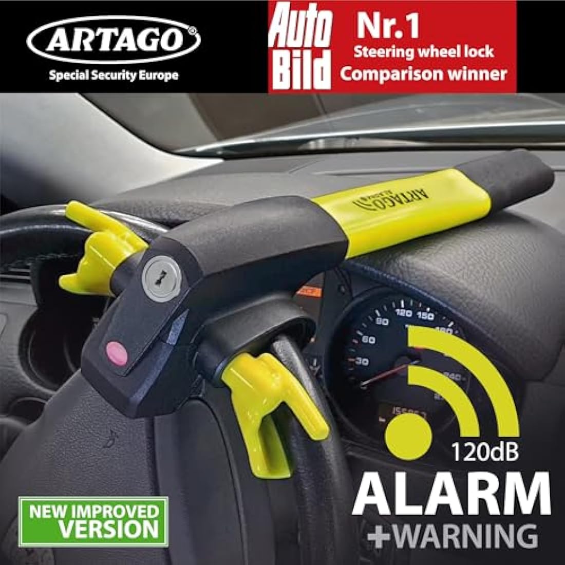 ARTAGO 870 High-End Steering Wheel Lock 2in1 Without or with 120dB Alarm + Don't Touch Warning, Visible and Deterrent High Security, Universal Anti Theft Bar Locking Device for Car, Truck, Van, Camper