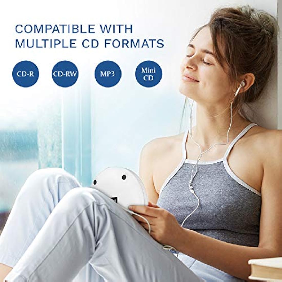 KLIM Discman Portable CD Player with Headphones, Built-in Battery - New - CD Players for Home, Car - Compatible w/SD Card, CD, CD-R, CD-RW, MP3, WMA - 5 EQ Effects - Walkman CD Player - White