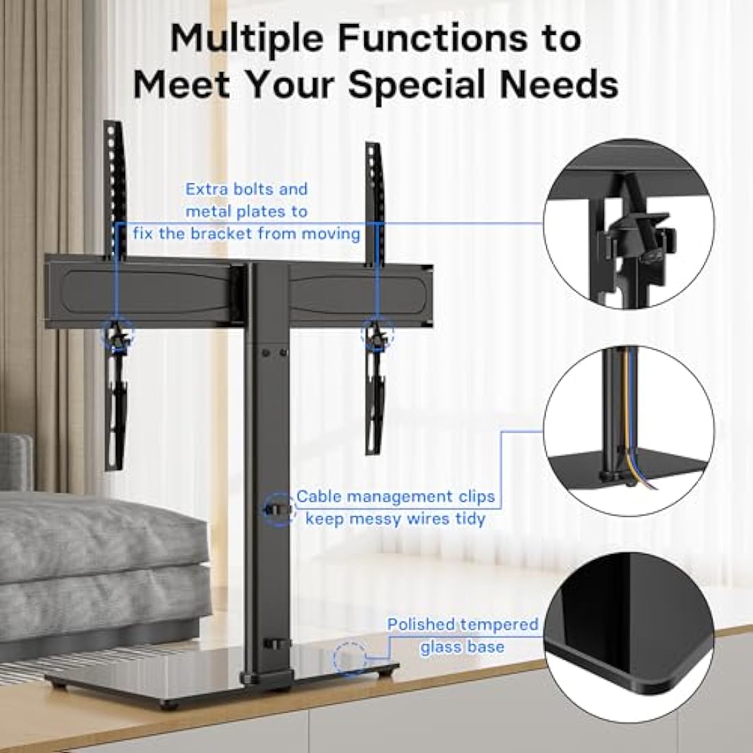 BONTEC Universal Table Top Pedestal TV Stand with Bracket for 32-65 inch LCD/LED/Plasma TVs, Height Adjustable TV stand with Tempered Glass Base & Cable Management, Holds 45 KG & Max.VESA 600x400mm