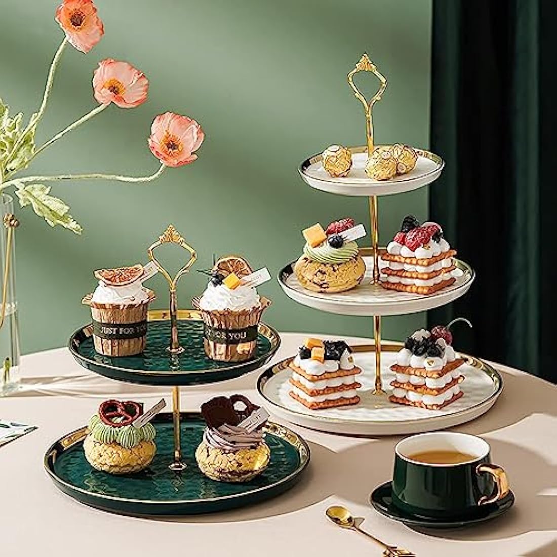 MEETOZ 2 Set of Round Porcelain Tiered Cupcake Stand, Dessert Plates Stand Tiered Serving Trays with Gold Rod,3 Tiers and 2 Tiers Cake Stand Party Serving Trays Fruit Pastry Holders(White)