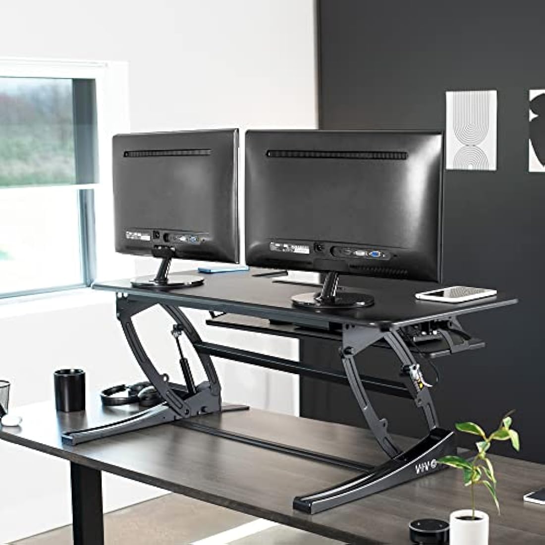 VIVO 107cm Height Adjustable Stand Up Desk Converter, V Series, Quick Sit to Stand Tabletop Dual Monitor Riser Workstation, Black, DESK-V000VL