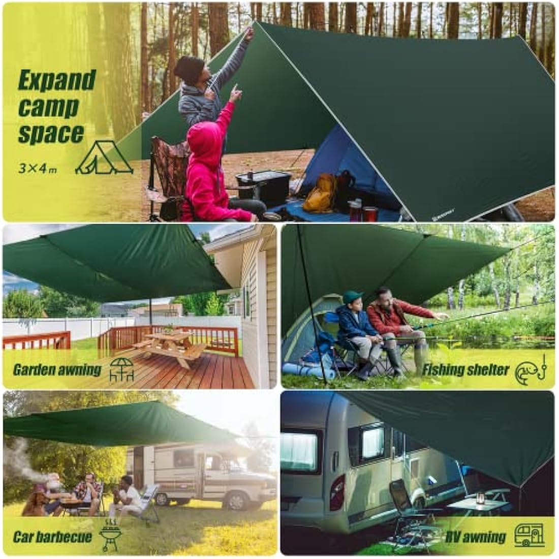 Bessport Camping Tent Tarp 3m x 3m/3m x 4m Waterproof PU3000 mm with Eyelets & 6 Aluminium Stakes & 8 Nylon Ropes, Anti-UV Suitable for Camping, Picnic, Hammock
