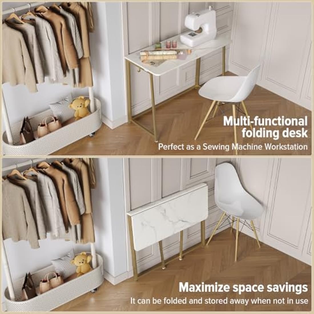 WOHOMO Folding Desk, Small Writing Desk, Space-Saving Foldable Laptop Table Writing Workstation for Home Office, Easy Assembly, White and Gold