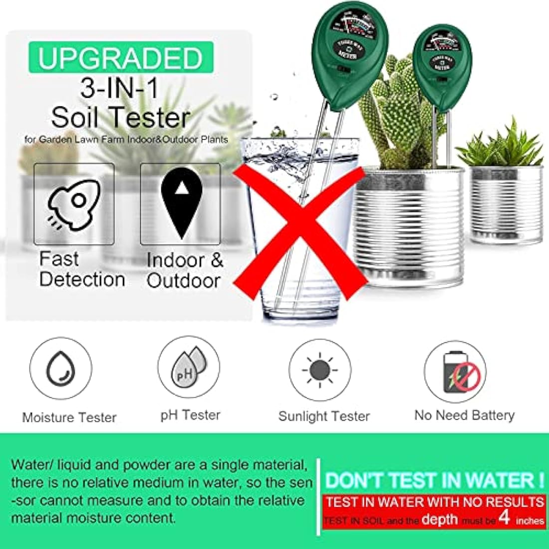 LIUNOVIP Soil PH Meter, Moisture 3-in-1 Tester, Plant Testing Kit with Moisture/Light/PH, Suitable for Lighting and of Gardens, Farm Potted (No Battery Needed), Green-523