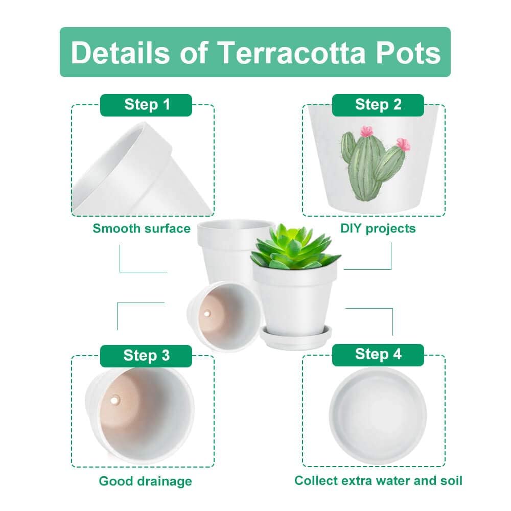 vensovo 10.16cm White Clay Pot for Plant with Saucer - 6 Pack Small Terra Cotta Plant Pot with Drainage Hole, Flower Pot with Tray, Terracotta Pot for