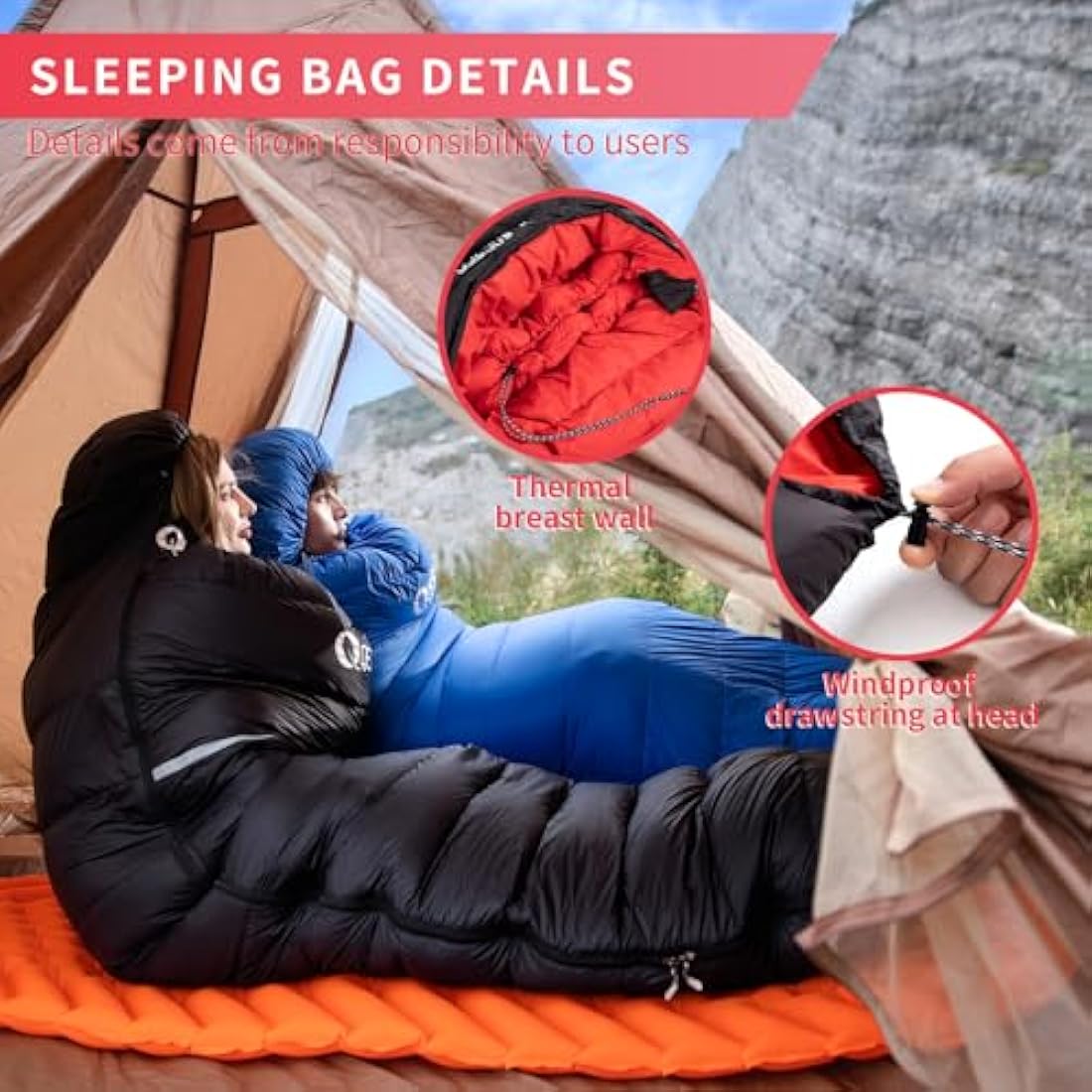 QEZER Down Sleeping Bag,Lightweight Rectangular Winter Sleeping Bag [1180g/1860g] for Adults and Kids 4 Season Camping, Hiking,Warehouse and Moutaineering Outdoor