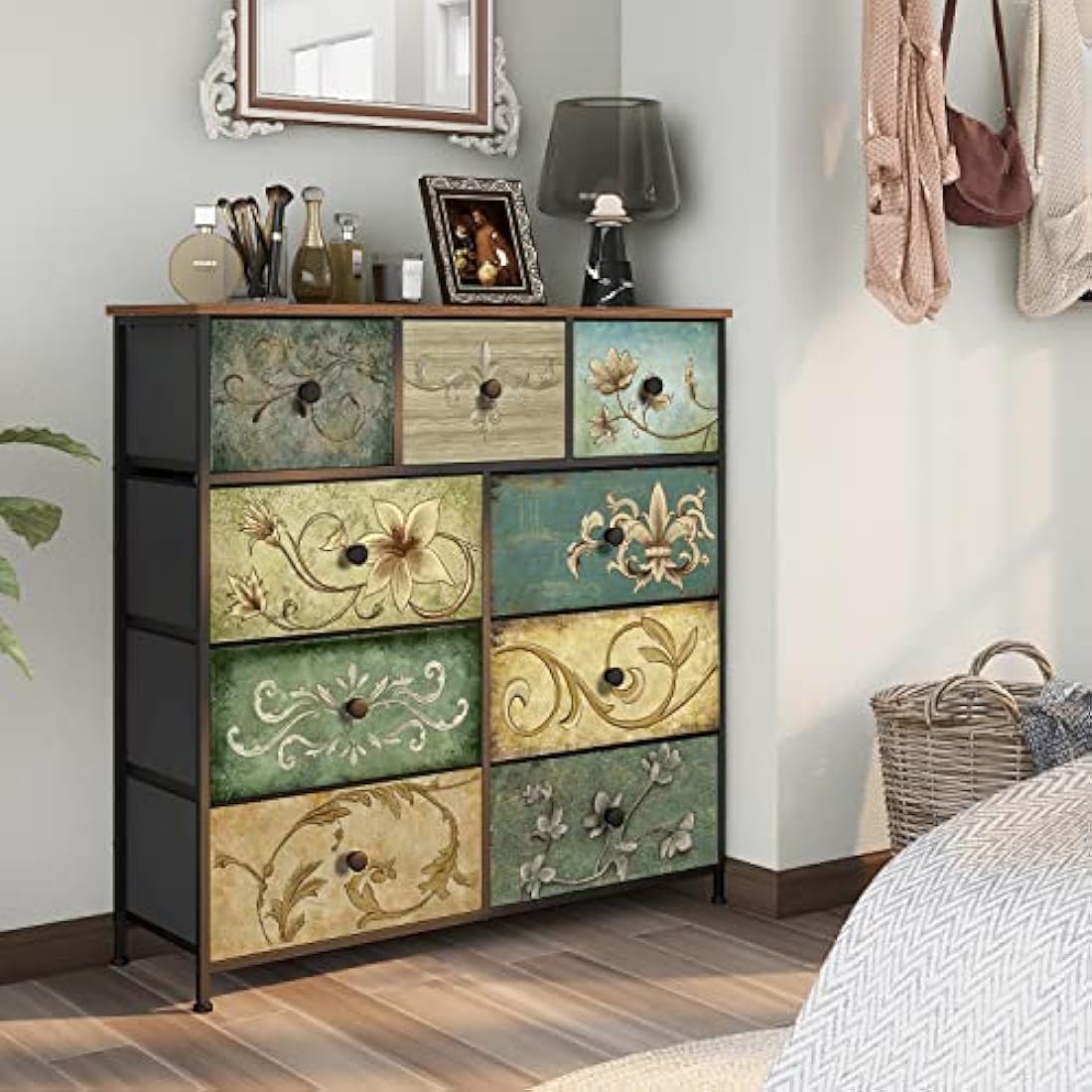 VEDECASA Dresser with Drawer for Bedroom with 9 Fabric Drawers Retro Floral Pattern Chest of Drawer Dresser for Living Room Nursery Entryway Closet Wood Board Metal Frame