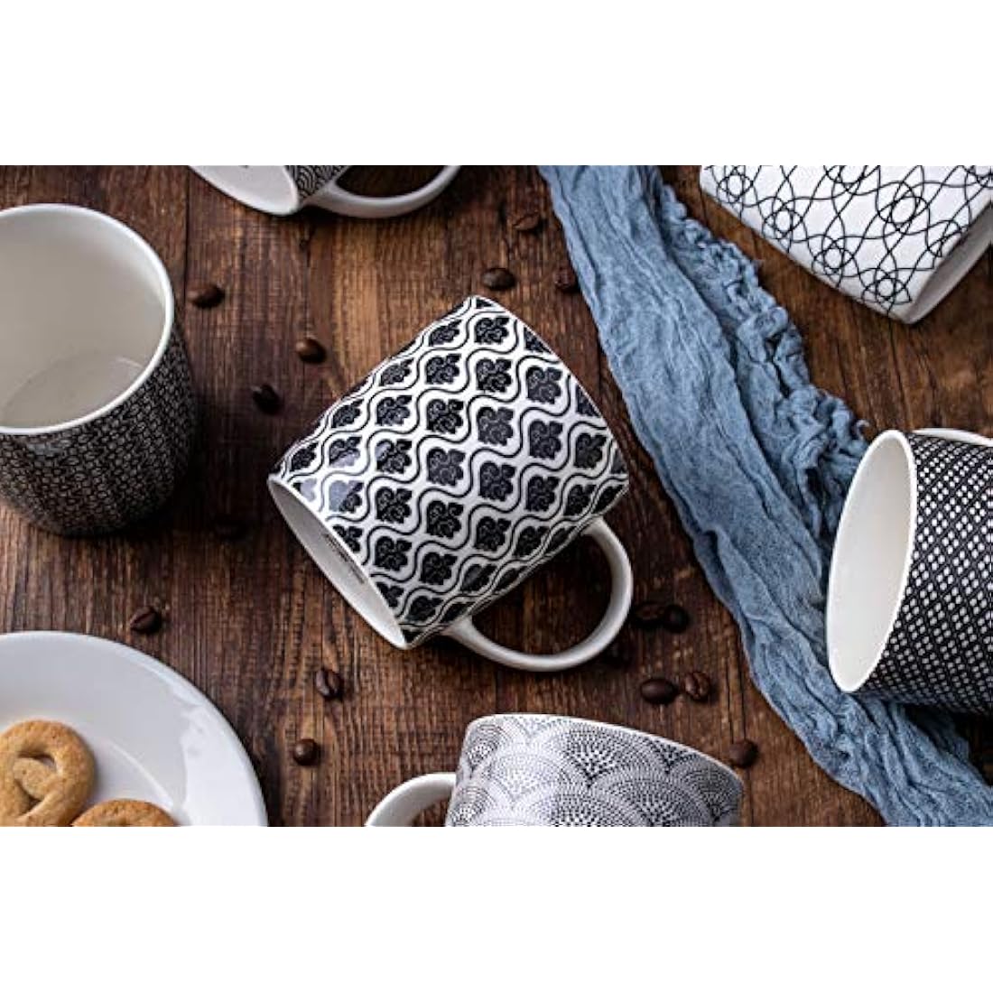 MACHUMA Set of 6 Coffee Mugs 340 ML/11.5 oz with Black and White Geometric Patterns, Ceramic Tea Cup Set 6 Pack