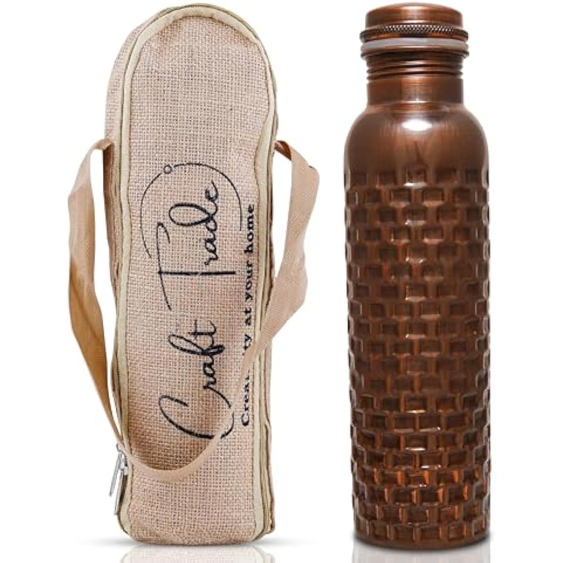 Craft Trade Set of 2 Diamond Copper Bottle with Lid and Carry Bag for Drinking Water BPA Free Leak Proof Boosts Immunity, Supports Digestive & Liver Health, Ayurveda Inspired 34oz - 1 Litre Black