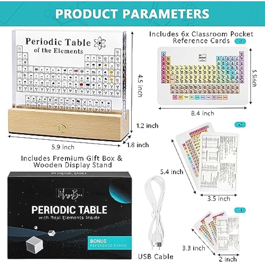 MegaBox Periodic Table With 83 Kinds Of Real Elements With Wooden Stand, Perfect Science Teacher Gift (Regular 6.0 X 4.5 in)