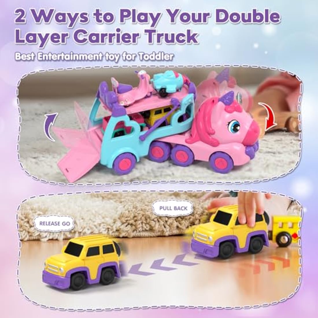Lehoo Castle Toddler Toys for 1 2 3 Year Old Girls, Unicorn Gifts for Girls, 2 Year Old Cars Toys for kids, Birthday Gifts Carrier Truck with Light & Music