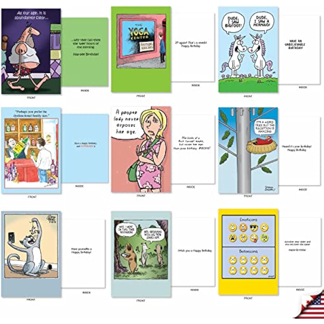 NobleWorks - 36 Assorted Funny Birthday Cards Bulk Box Set with Envelopes (36 Designs, 1 Each) Mixed Humor Greeting Card Variety Pack for Men and Women - Cartoon Party AC9374BDG-B1x36