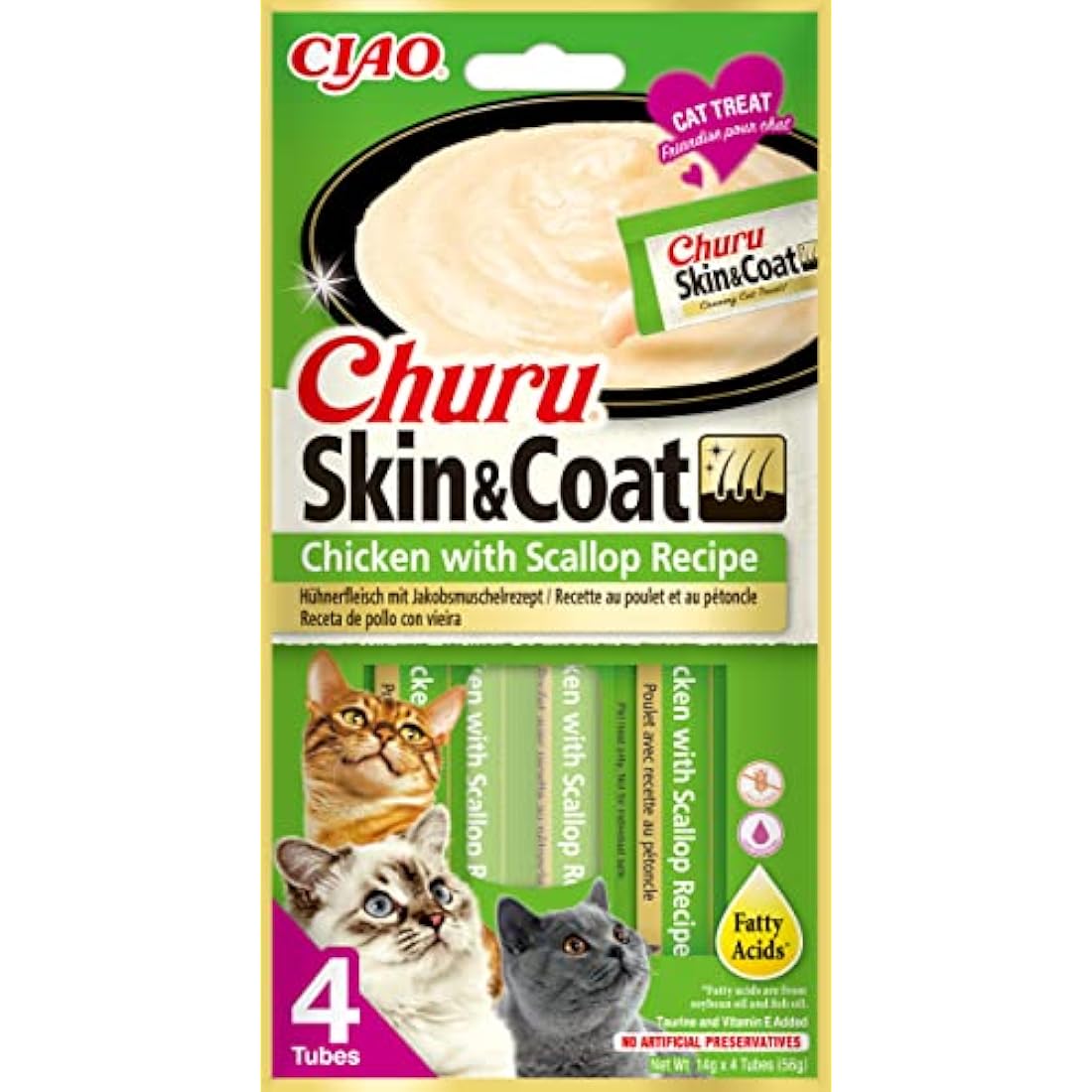 Churu Skin & Coat by INABA Cat Treat - Chicken with Scallop - 12 Packs (48 x 14g total) / Soft & Creamy Treat, Delicious & Healthy Snack, Purée Food Topper, Natural, Grain Free