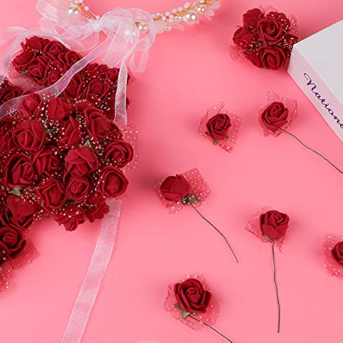 MWOOT Dark Red Roses Artificial Flower Heads, 144Pcs Mini Foam Roses for Crafts, Small Fake Roses Flower for DIY Wedding Halloween Party Festival Valentine's Day Decoration, 2.5CM Faux Flower Heads