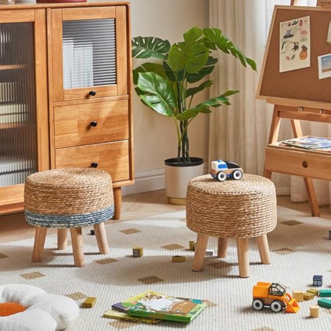 YMYNY Footstool Natural Seagrass Hand Weave, Pastoral Style Footrest, Padded Foot Rest with Non-Skid Pine Legs, Wooden Sofa Stools, for Living Room, Bedroom, 32×32×32CM, Natural Color HBD027N