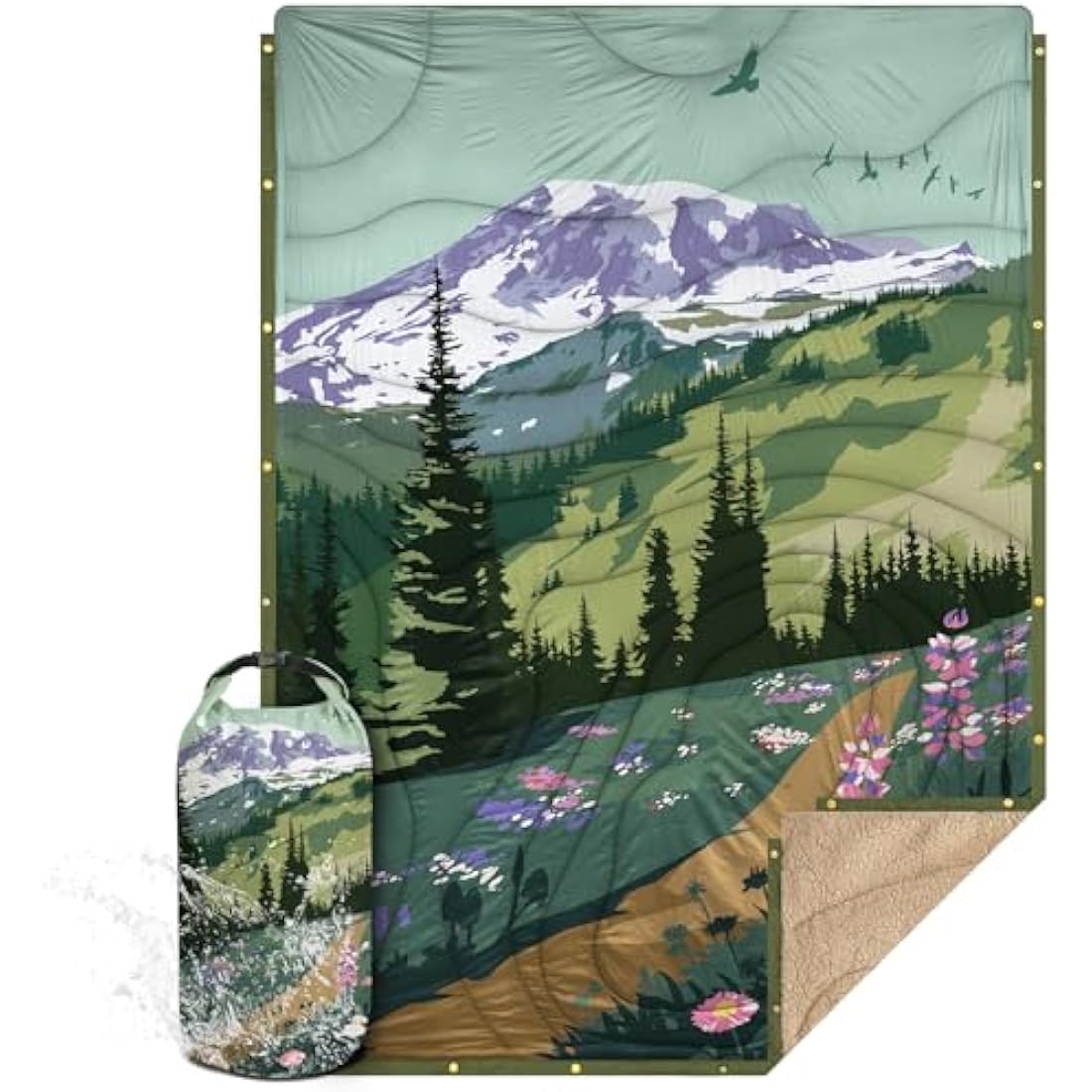 KawaGebo Kamp Outdoor Camping Blanket with Sherpa Lining, Camping Blanket Packable & Puffy Ultralight Soft Poncho DWR Camping Quilt for Cold Weather, Adventure, Sleeping, Backpacking 200x145cm