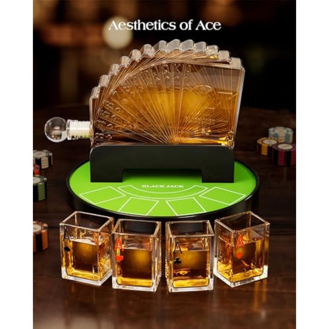 Kollea Blackjack Whiskey Decanter Set, 37.2 Oz Whiskey Decanter with 4 Glasses, Casino Style Decanter for Liquor, Christmas Birthday Gifts for Men, Dad, Boyfriend, Blackjack Game Night Essentials