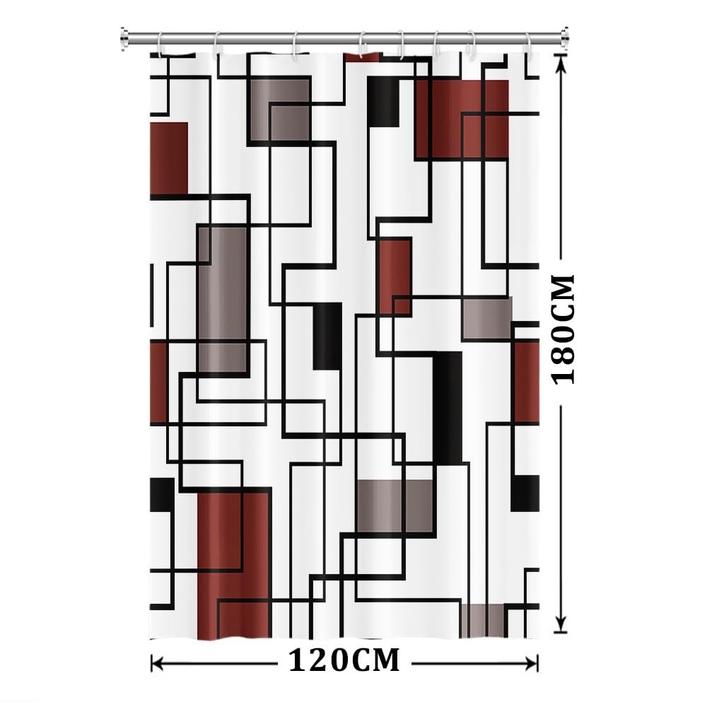 Xiaoterna Geometric Shower Curtain Abstract Red and Black Bathroom Curtain Modern Simplicity Geometric Square Waterproof Machine Washable Shower