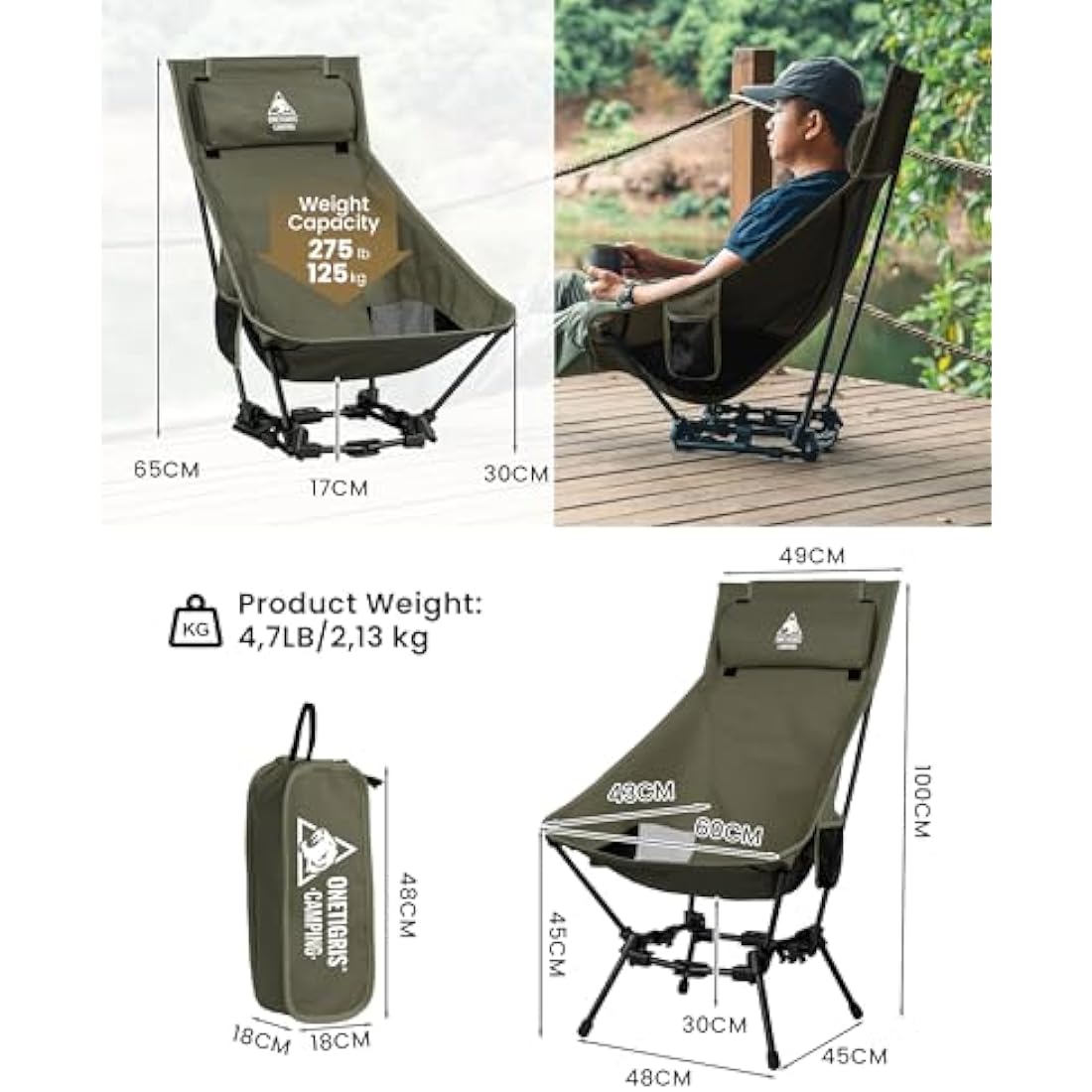 OneTigris Dragonhide Oversized Camping Chair with Pillow Design, Comfortable Widened Seat Folding, 275 lbs Capacity