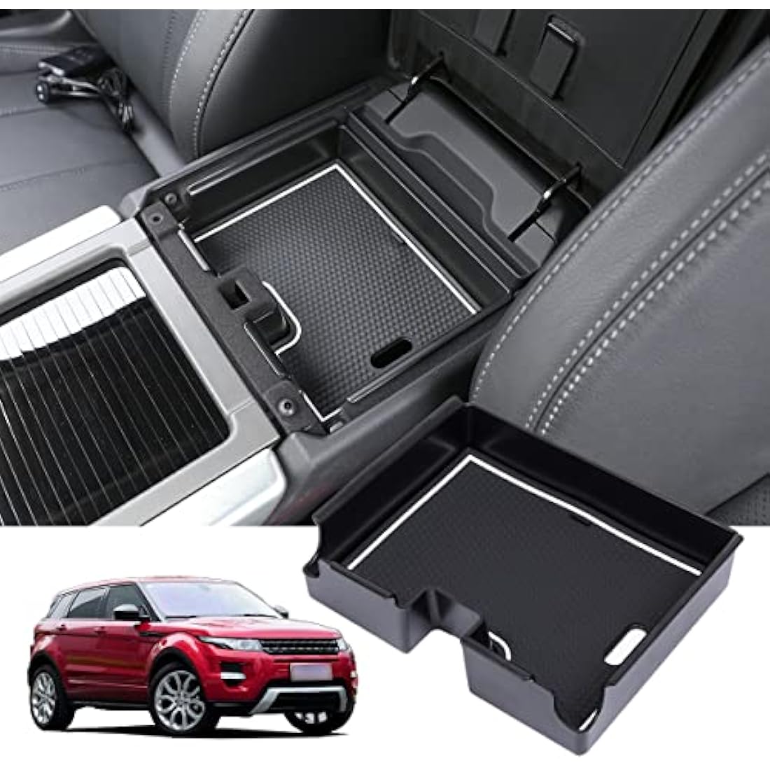 Black Armrest Storage Box Plastic Car Phone Organizer Holder Tray With Non-Slip Mat Compatible With Range Rover Evoque 2012-2018 Car Accessory