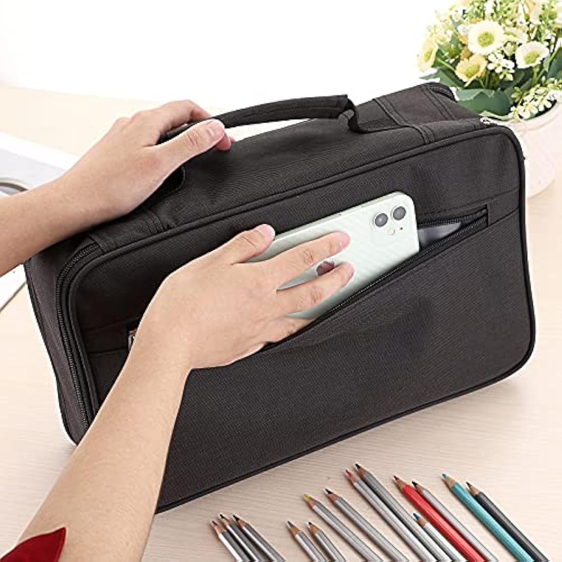 BSTKEY Pencil Case Wrap for Colored Pencils, Large Capacity 360 Slots Pencil Holder with Double Zipper Students School Office Pencil Pouch, Black (No Pencils)