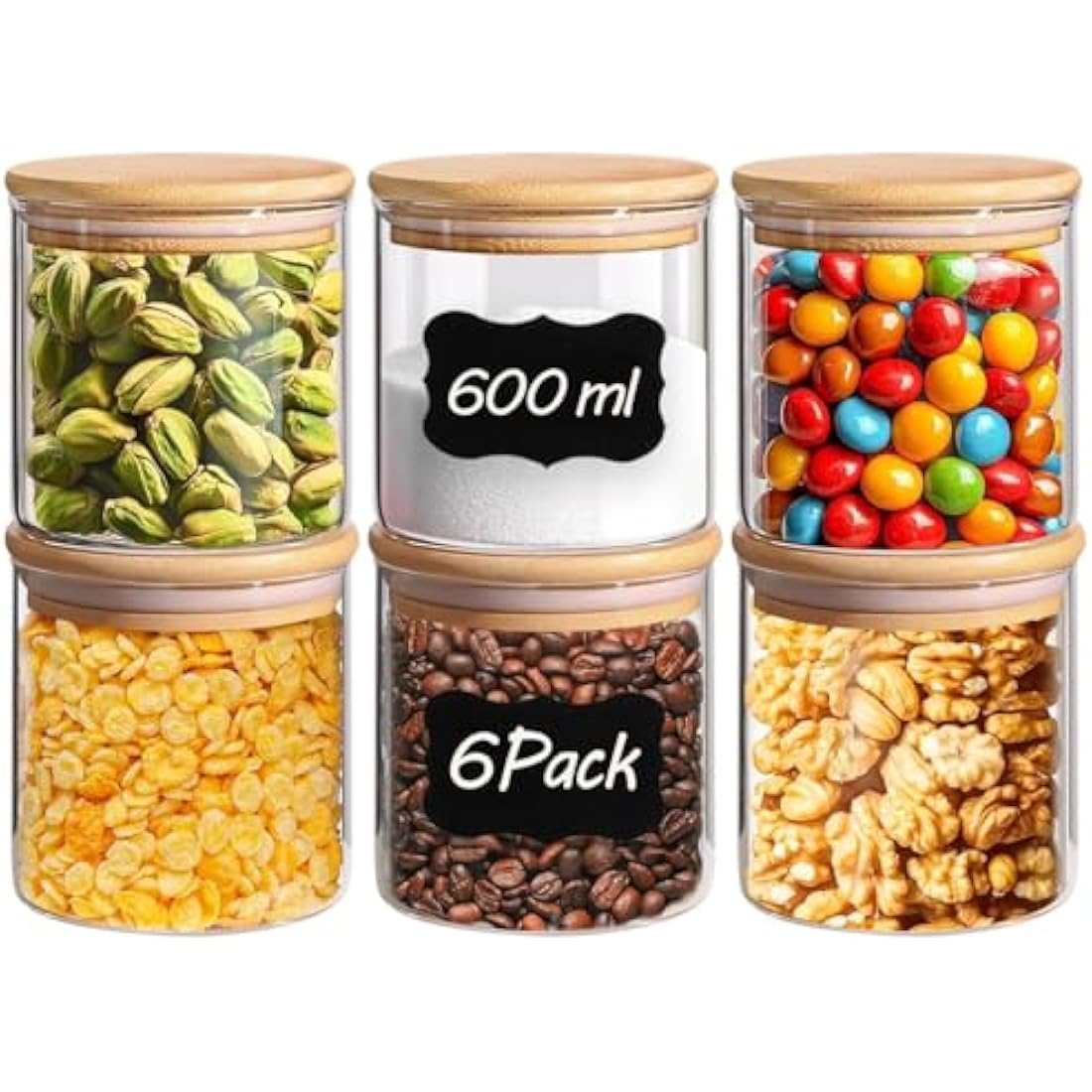 ComSaf Airtight Glass Food Storage Jars Set of 6, 600ml Clear Glass Food Storage Container with Sealing Wooden Lid, Stackable Spice Jar, Round Kitchen Canister for Sugar, Tea, Coffee bean, Pasta