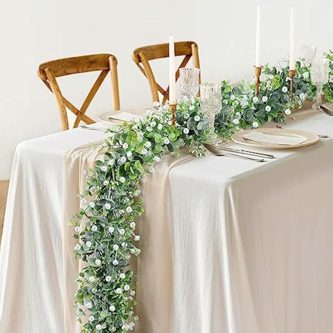 LOMOHOO 2PCS 12FT Artificial Eucalyptus Garland With White Flowers, Fake Leaves Green Garland Artificial Foliage Garland, Greenery Garlands for Home Decoration Wedding Backdrop Table Arch Wall Decor