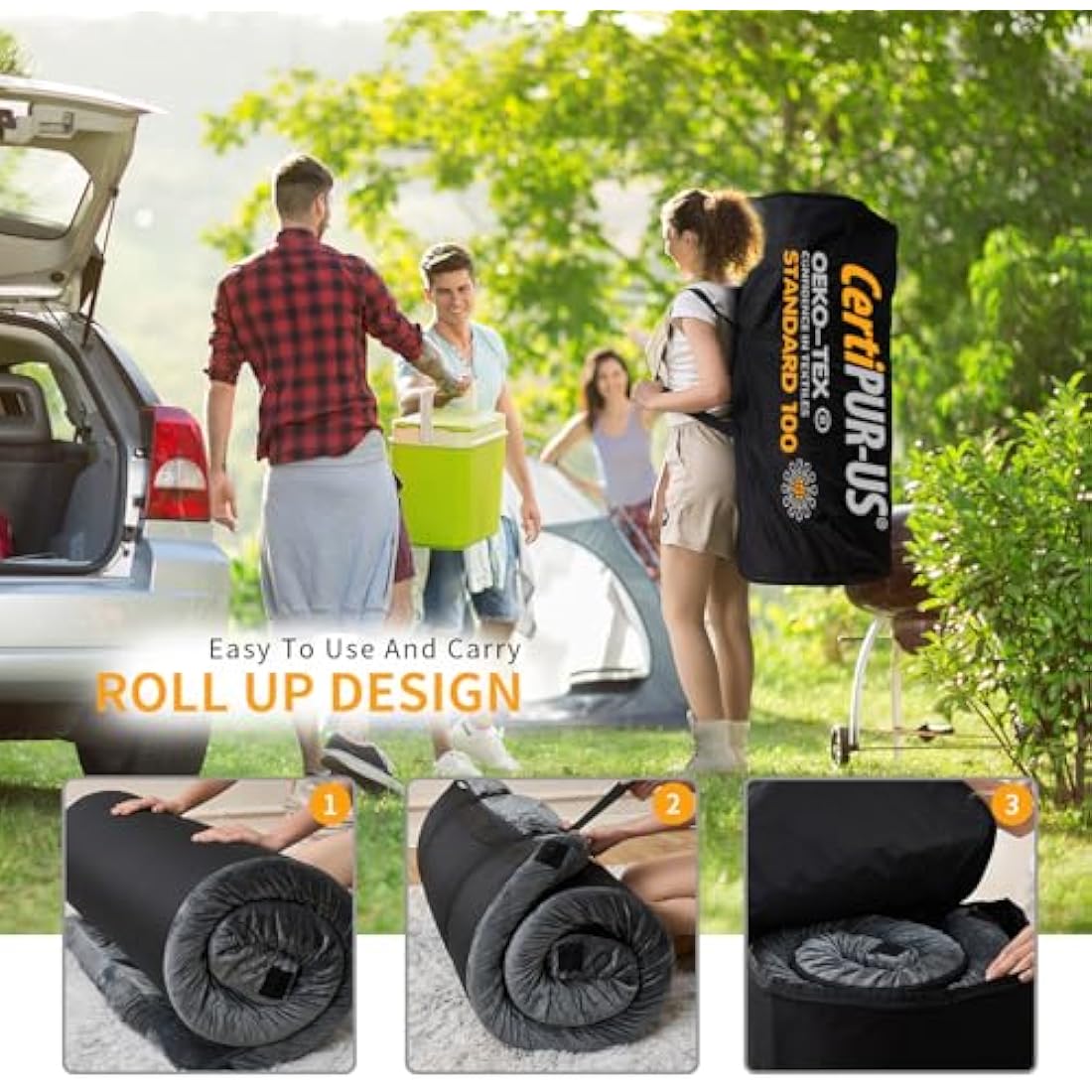 Memory Foam Camping Mattress With Waterproof Velvet Cover,Travel Car Camping,Portable Roll Up Mats,Twin/Single/Cot Size | Indoor Floor Mats, Guest Bed Pads with Carry Bag Removable Cover