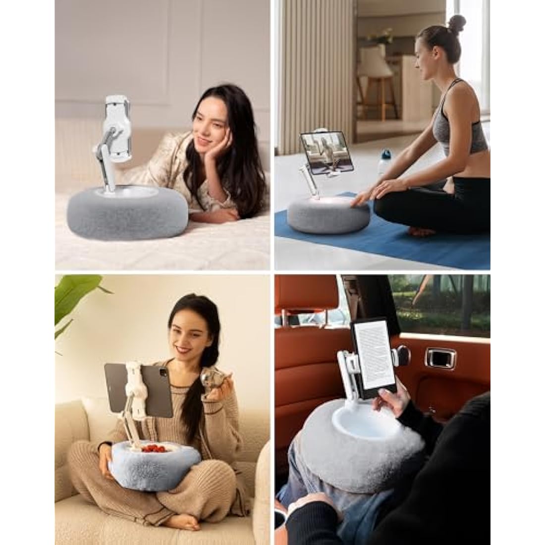 Viozon Tablet Stand with Pillow, Kindle Holder, Compatible with 4.7"-13" Phone/Tablet, iPad, iPhone, Google, Kindle, 360°Adjustable Phone Holder for Bed with Soft Plush Fabric, Detachable Bowl, Grey