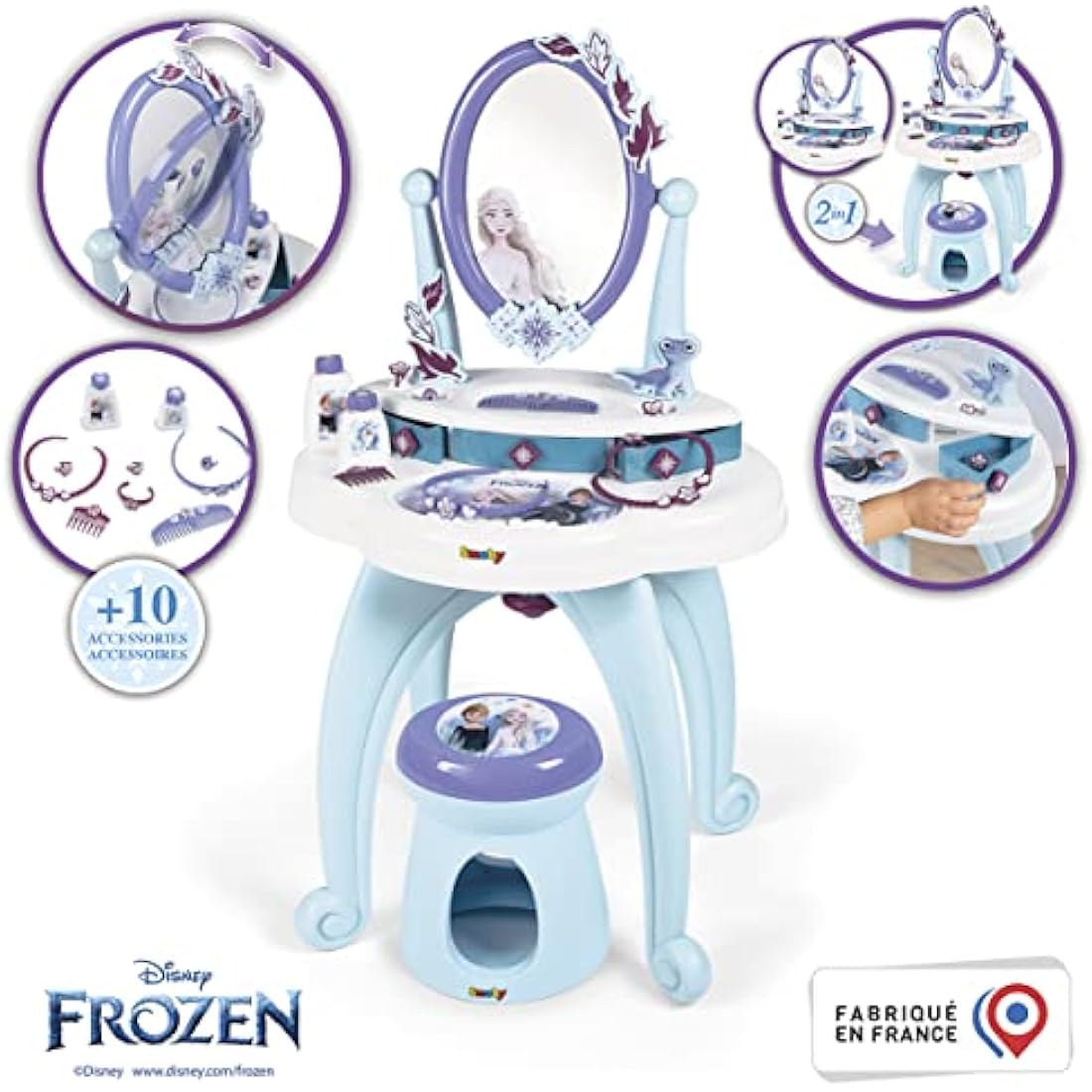 Smoby Disney, Frozen 2 in 1 Hairdressing Table, 10 accessories: 1 stool, 2 flasks, 1 necklace, 1 plastic headband, 3 rings, 1 bracelet, 1 hair clip, 1 comb, Purple, One Size (7600320244)