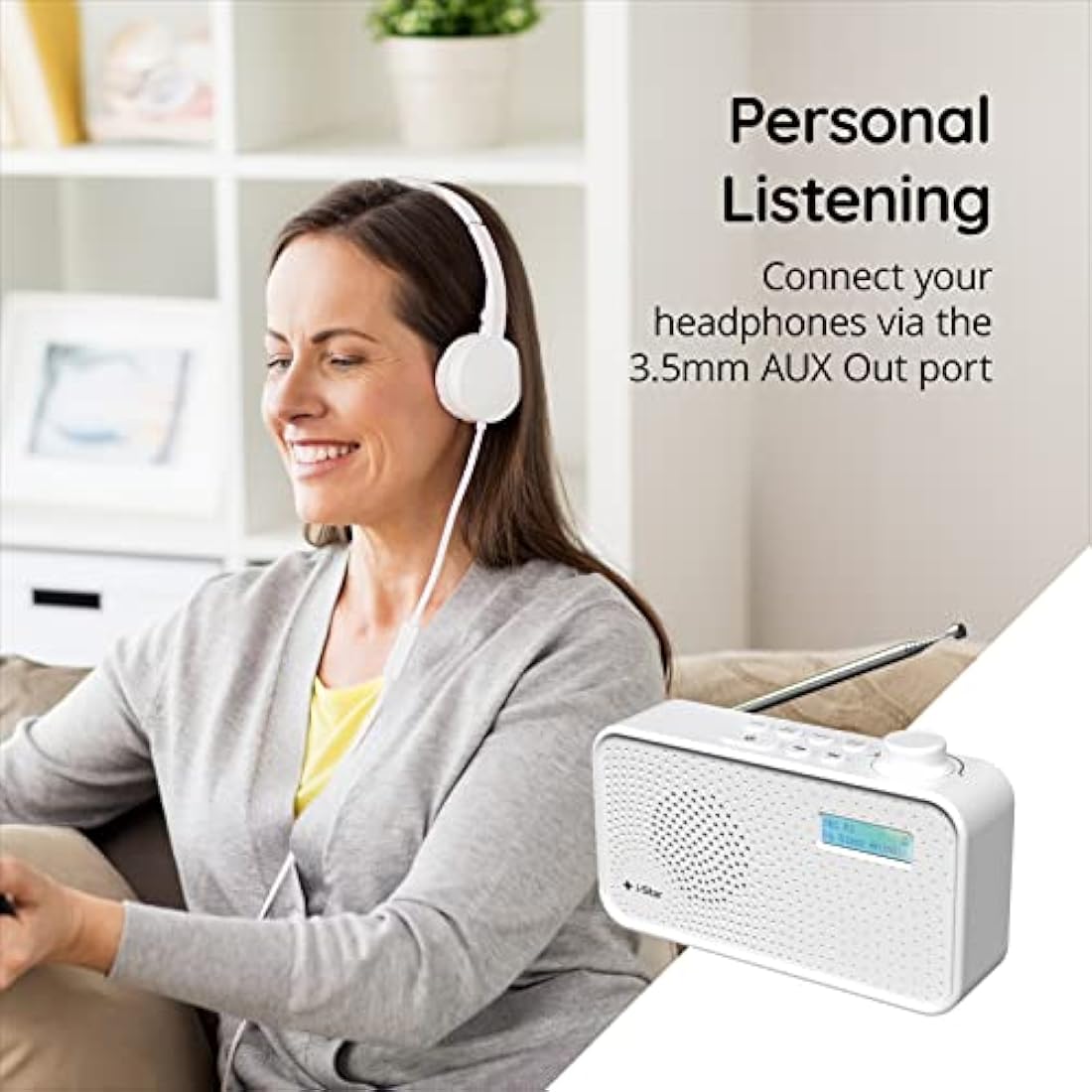 DAB Radio Portable, DAB Plus/DAB Radio, FM Radio Mains Powered or Battery, USB Charging, Clear LCD Display (White)
