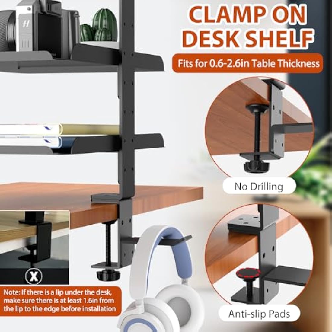 ROLIZOE Clamp On Desk Shelf Organiser with Adjustable Metal Tray & Headphone Stand 3 Tier Shelving Unit Above or Under Desk Storage No Drill Extender Shelves Anti-Slip Desktop Shelf for Home Office