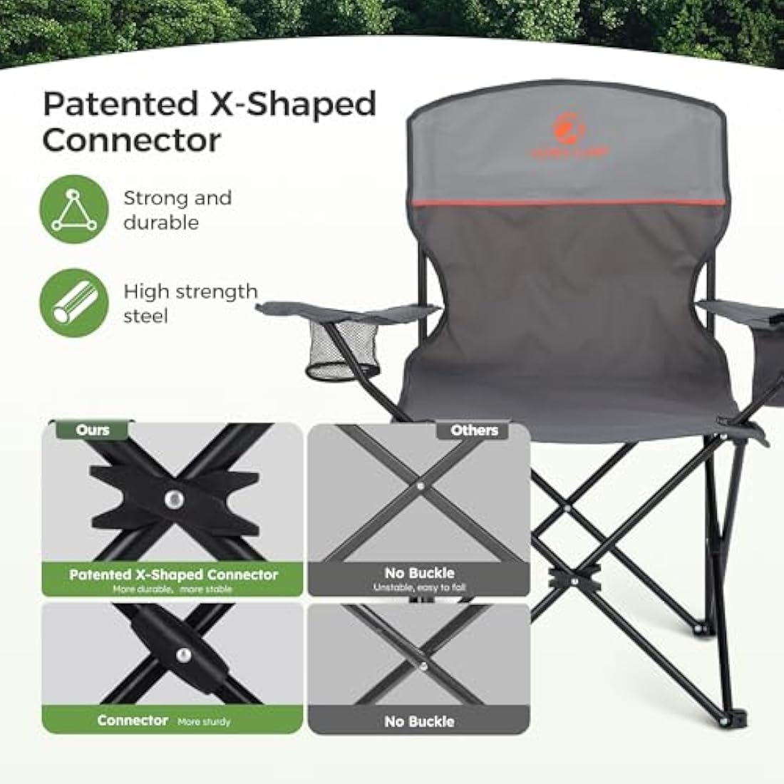 LET'S CAMP Camping Chairs 2 Pack, Set of 2 Folding Chair, Lightweight Picnic Chair with 3-Can Cooler Bag, Cup Holder,Storage Pocket, Supports 100kg (Grey)
