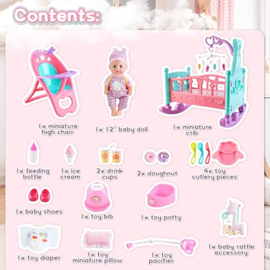 deAO ‘My First Baby Doll’ Play Set Includes Miniature Crib, High Chair, Feeding Accessories - 21 Pieces Toy Play Set (Baby Doll Included)