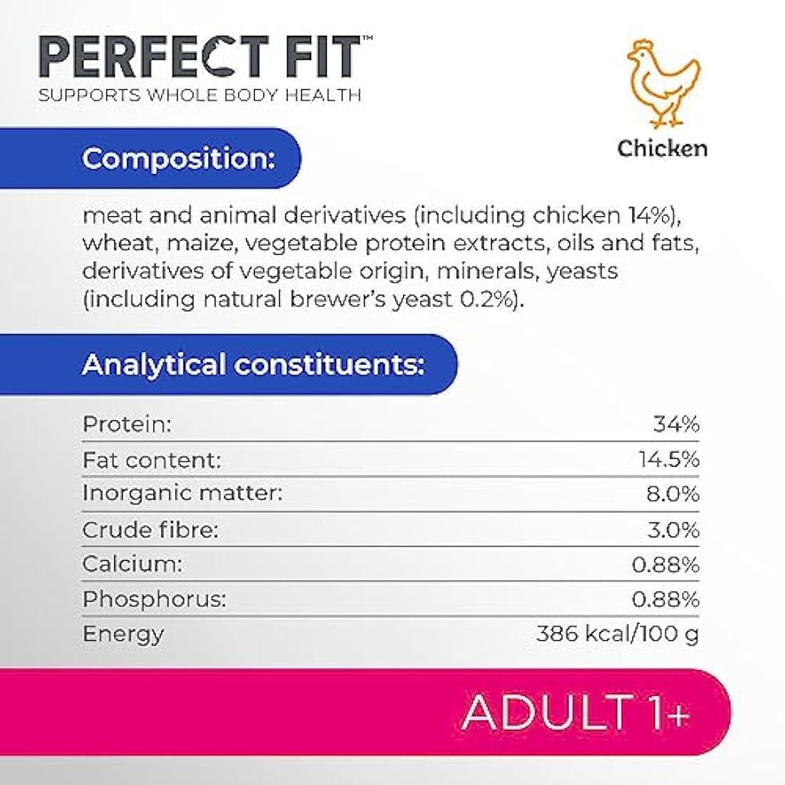 Perfect Fit Adult 1+ Complete Dry Cat Food for Adult Cats Aged 1+ Years, Rich in Chicken, 4 Bags (750 g)