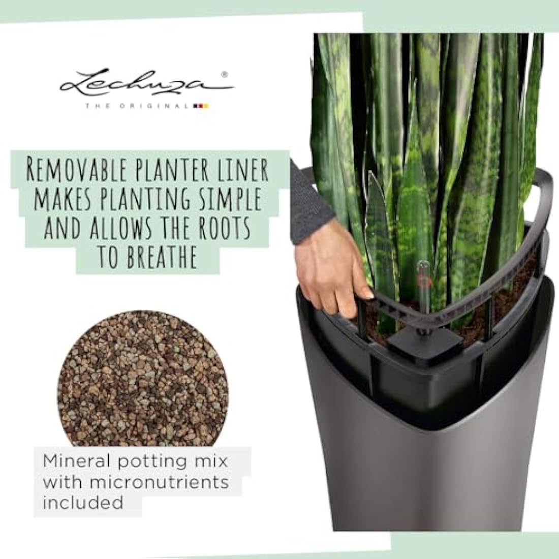 Lechuza Self Watering Plant Pot DELTA 40 Garden Flower Indoor and Outdoor Tall Plastic Planter with Drainage Hole D40 H75 cm Charcoal Metallic