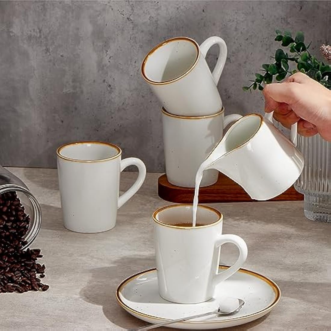 ONEMORE Porcelain Coffee Mugs Set of 6, 360ml Cream Mugs with Handle, Ceramic Coffee Cups Set for Tea, Milk, Juice, Hot Chocolate, Latte, Speckled Design