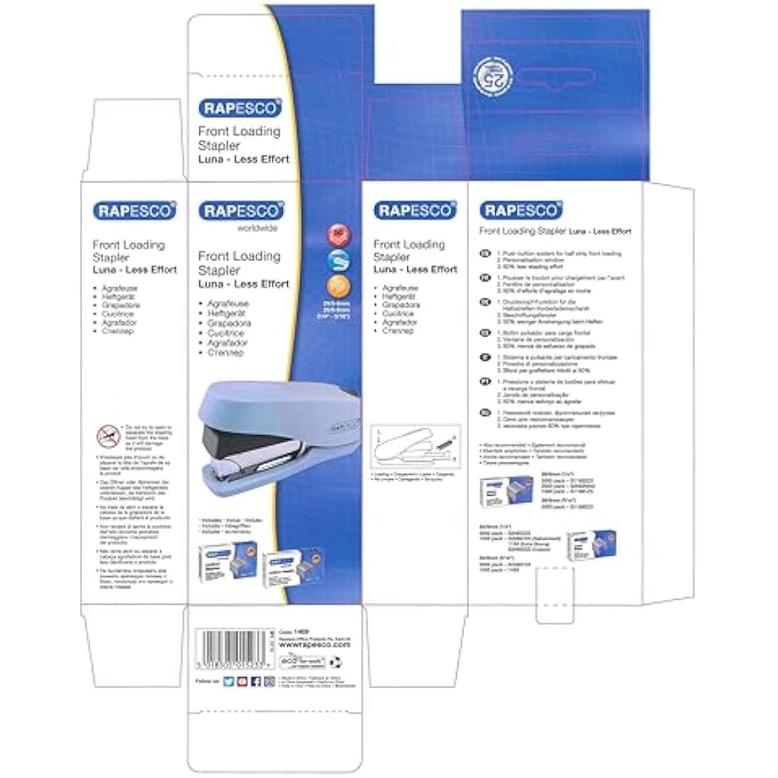 Rapesco 1469 Luna Less Effort Stapler with 2000 Staples, 50 Sheet Capacity, Powder Blue