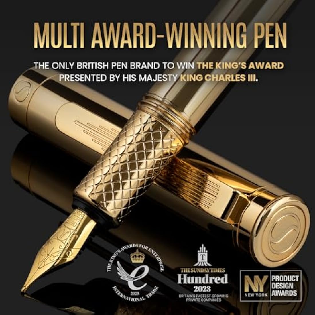 Scriveiner Gold Luxury Fountain Pen (Fine) - Award Winning - Heavy Pocket Pen, Real Gold Plating, German Nib & Converter, Nice Gift Pens for Men & Women