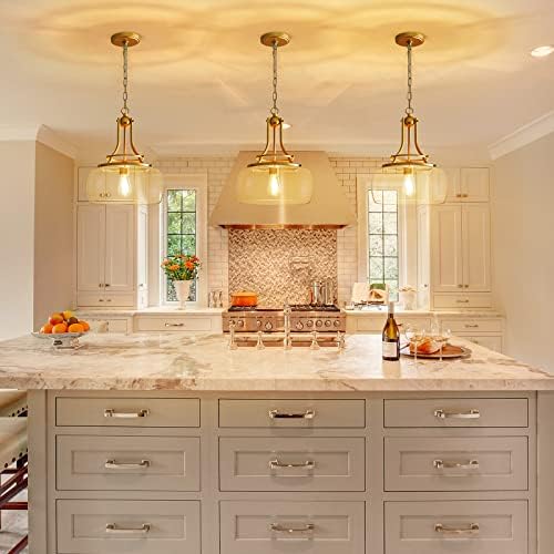 WUZUPS Chandelier Rustic Farmhouse Industrial Round Ceiling Pendant LED Light Fixture with Clear Glass Shades for Dining Room Kitchen Island Foyer Entryway, H 43 x W 34, E27 Base, Gold