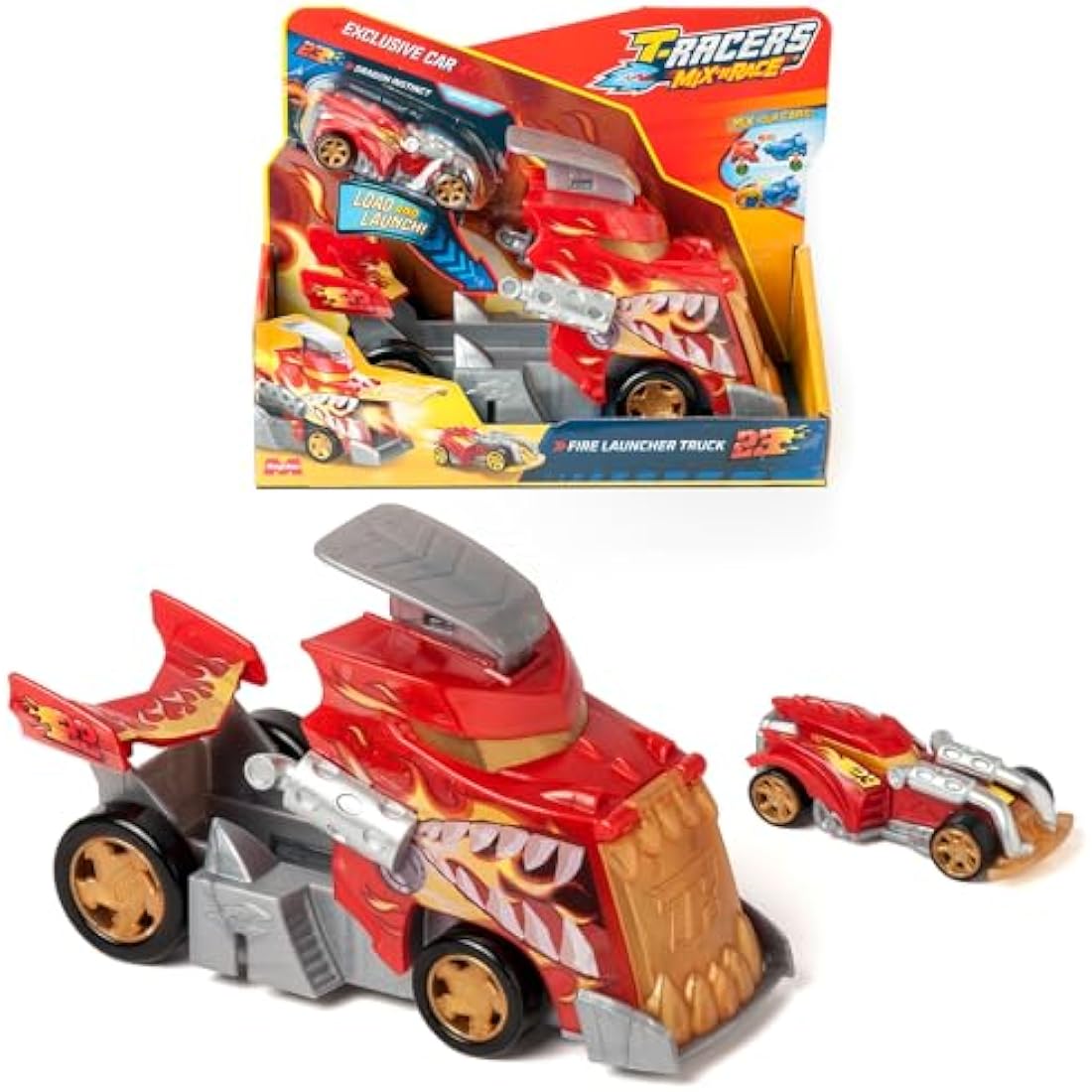 T-RACERS MIX´N RACE Fire Launcher Truck – Launcher truck with fire details. Includes 1 exclusive T-Racers vehicle - press the trigger to launch. Compatible with other T-Racers Mix ´N Race