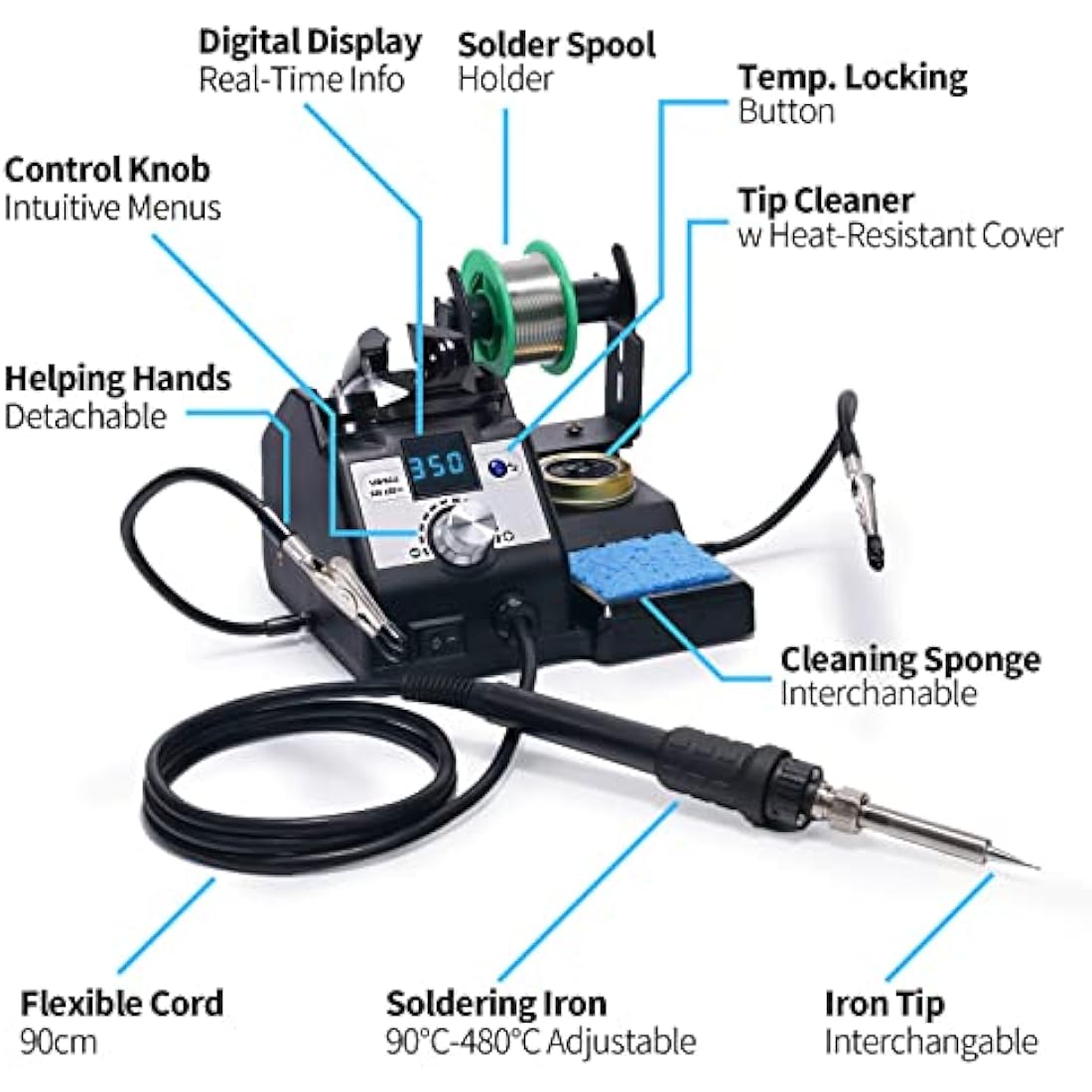 YIHUA 926LED IV 60W Digital Soldering Iron Station Kit w Temperature Stabilization for Soldering & Desoldering w Helping Hands 5 Soldering Iron Tips Lead-Free Solder Solder Sucker UK Plug (Silver)