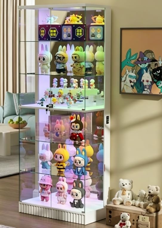 Gurexl 180 CM RGB Glass Display Cabinets with Lock for Collectibles,White